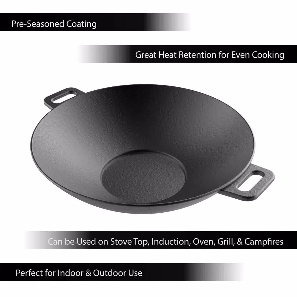 Classic Cuisine 14 in. Pre-Seasoned Cast Iron Wok with Handles