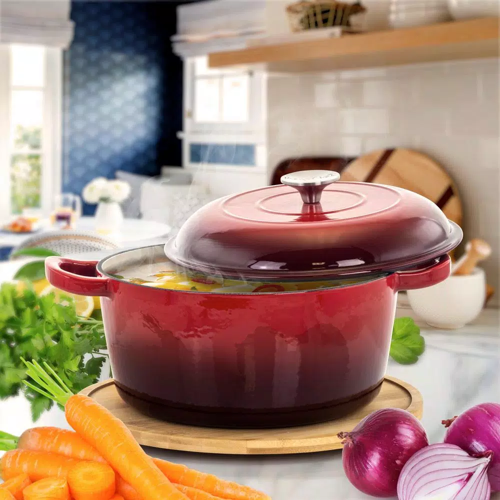 MegaChef 5 Qt. Round Enameled Cast Iron Casserole Dish with Lid, Red