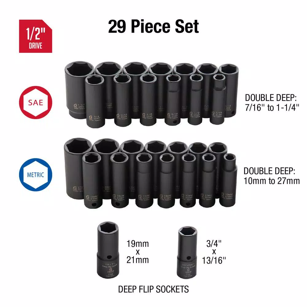 SUNEX TOOLS Sunex 5153DD 1/2 in. Drive 29-Piece Metric Double Deep Impact Socket Set