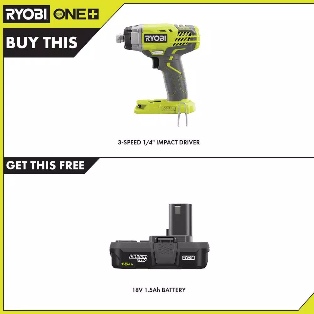 RYOBI 18V ONE+ Cordless 3-Speed 1/4 in. Hex Impact Driver with 1.5 Ah Battery