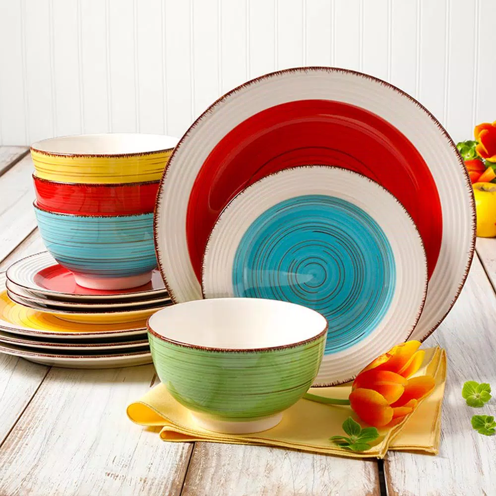 Gibson Home Confetti Band 12-Piece Ceramic Stoneware Dinnerware Set, Service for 4