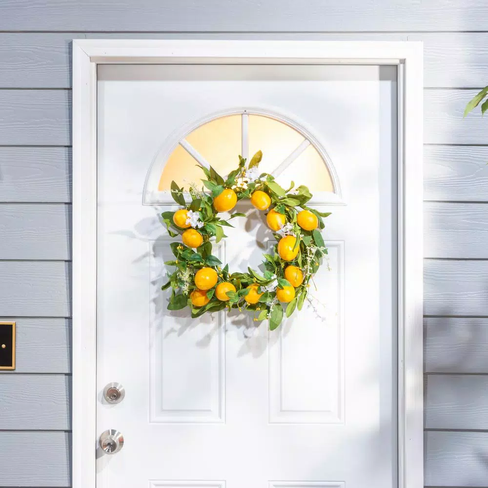 Gerson International 24 in. Lemon Wreath with Yellow Berries and White Blossoms