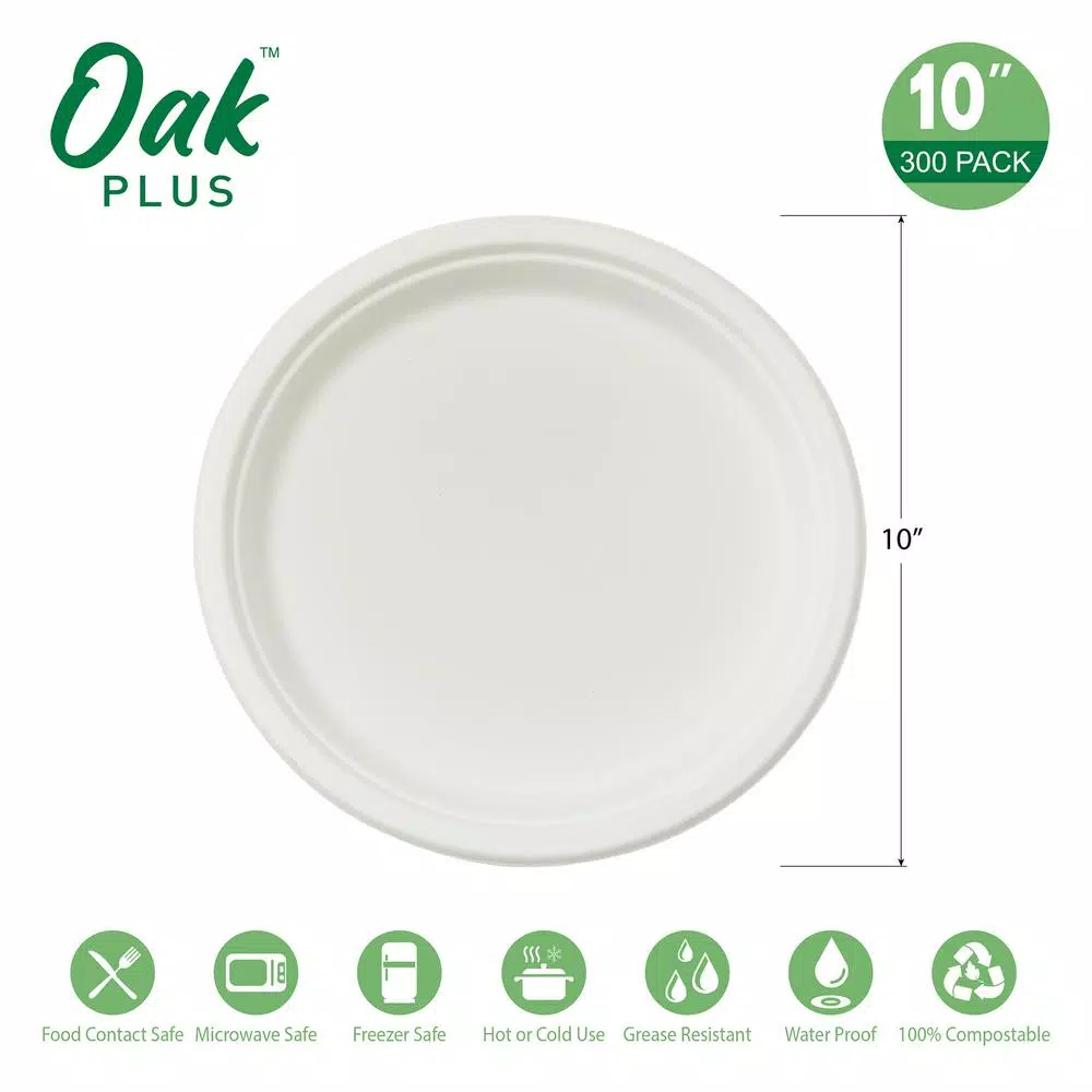 Unbranded 10 in. White Sugarcane Plates, 300 Pack - Eco-Friendly Biodegradable Disposable Plates