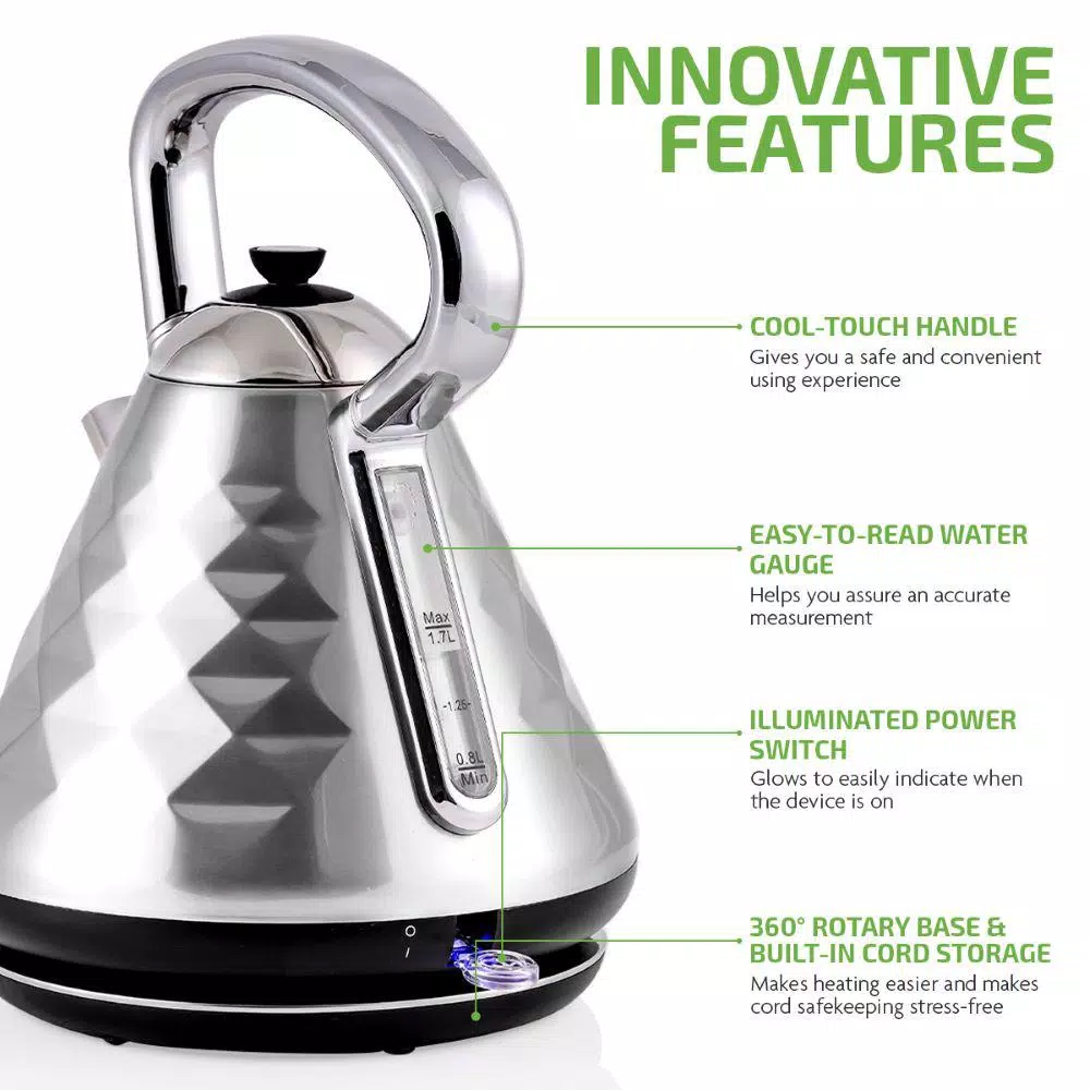 Ovente Cleo Collection 1.7L Electric Kettle, 1500W Stainless Steel Tea Kettle with Auto Shut-Off