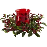 Nearly Natural 6.5 in. Holly Berry Candelabrum - Red and Green Holiday Tabletop Decor thumbnail 1