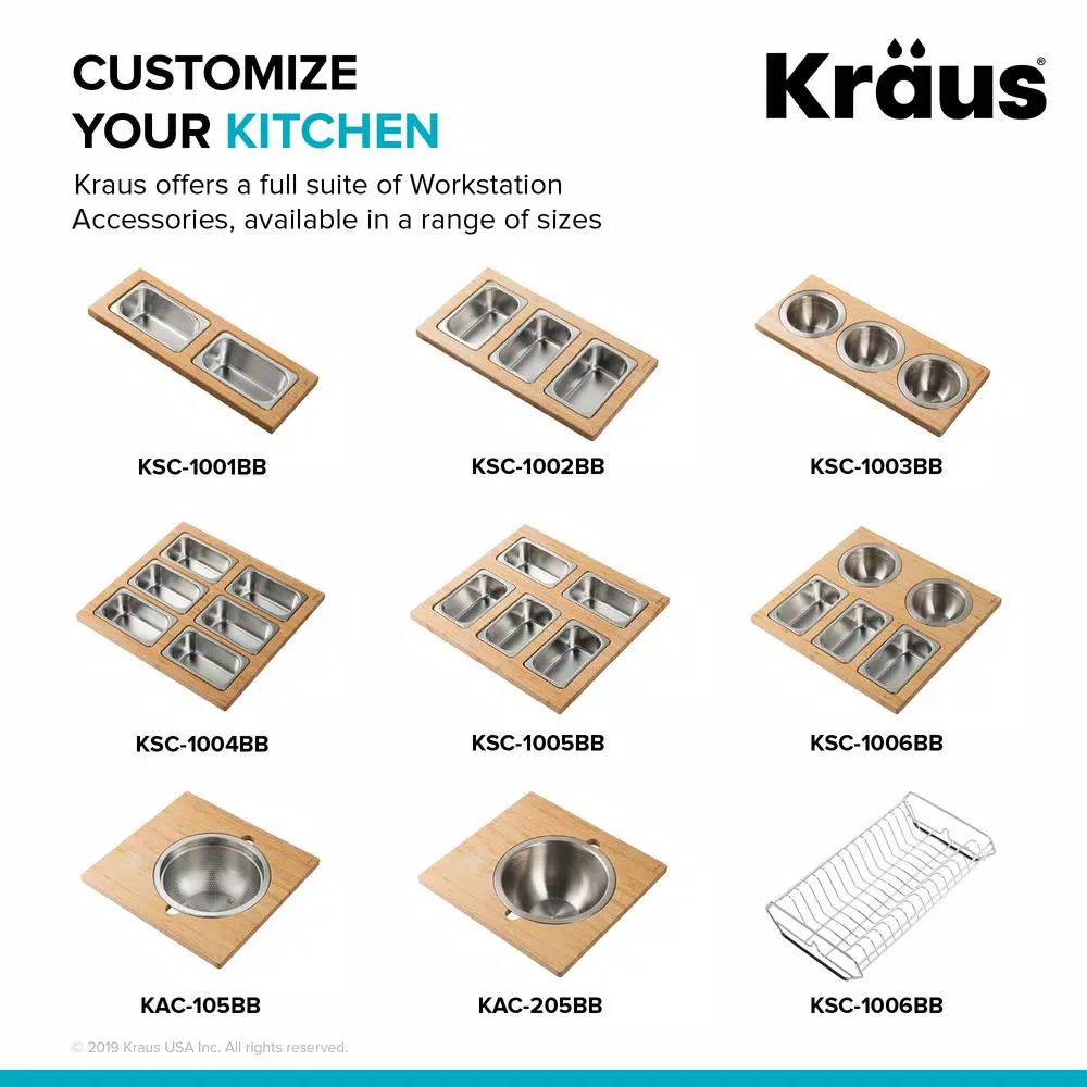 KRAUS 16.75 in. Workstation Sink Accessory Set with Bamboo Board, Stainless Steel Mixing Bowl and Colander