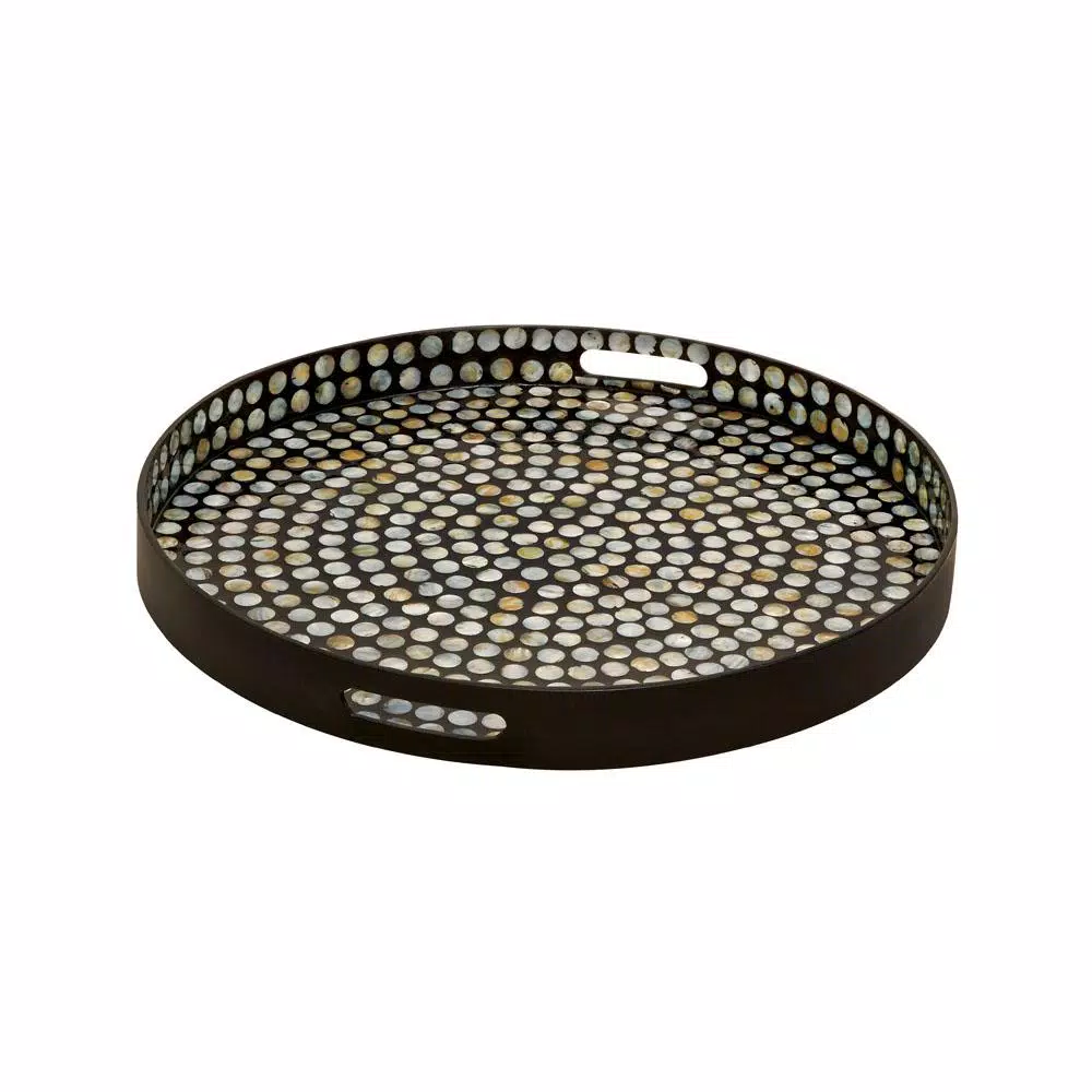 LITTON LANE Modern Reflections 24" Round Mother of Pearl Inlaid Decorative Tray, Black Lacquer