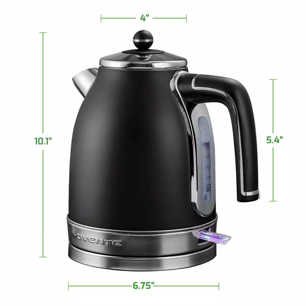 Ovente KS777 1.7L Black Stainless Steel Electric Kettle, 1500W Fast Boil with Auto Shut-Off