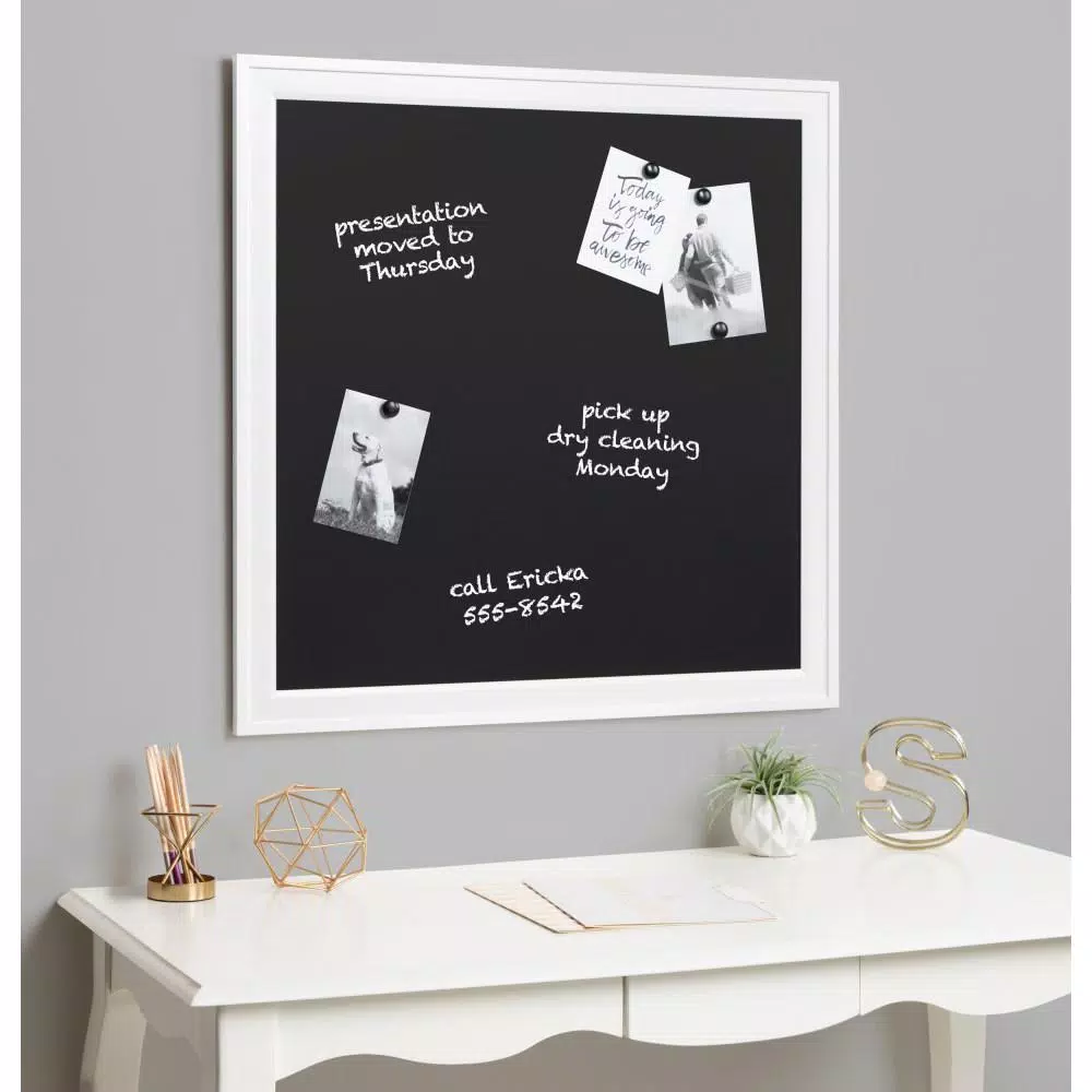 DesignOvation Bosc White Chalkboard Magnetic Memo Board, Square Framed Wall Decor