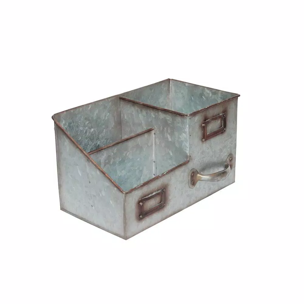 Benzara 3-Bin Galvanized Metal Tissue Box and Organizer with Label Slots
