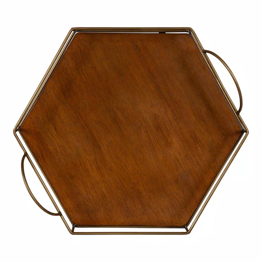 Kate and Laurel Westland Mid-Century Modern Wood and Metal Nesting Tray Set, Brown and Gold