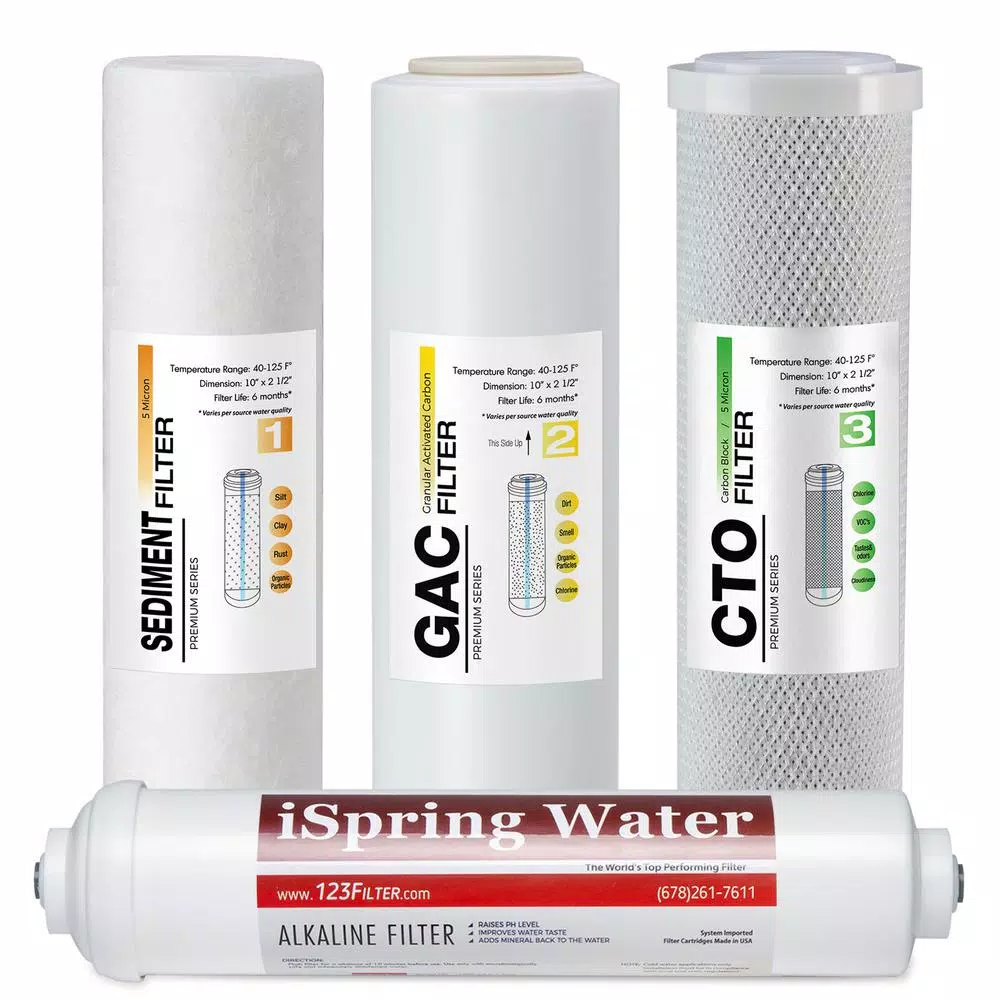 iSpring 4-Pack Replacement Water Filter Cartridges for 6-Stage Reverse Osmosis Systems, 10 in. x 2.5 in.