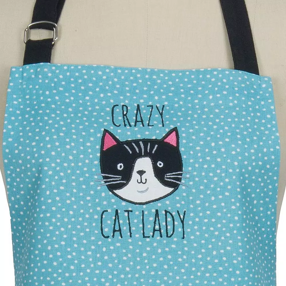 Kay Dee Crazy Cat Blue Cotton Chef Apron with Cat Print Trim and Embroidery