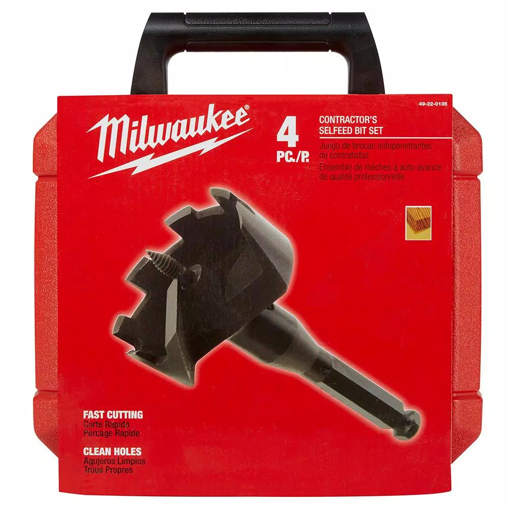 Milwaukee 49-22-0135 Contractor Selfeed Wood Boring Bit Set, 4-Piece High Speed Steel Auger Bit Kit