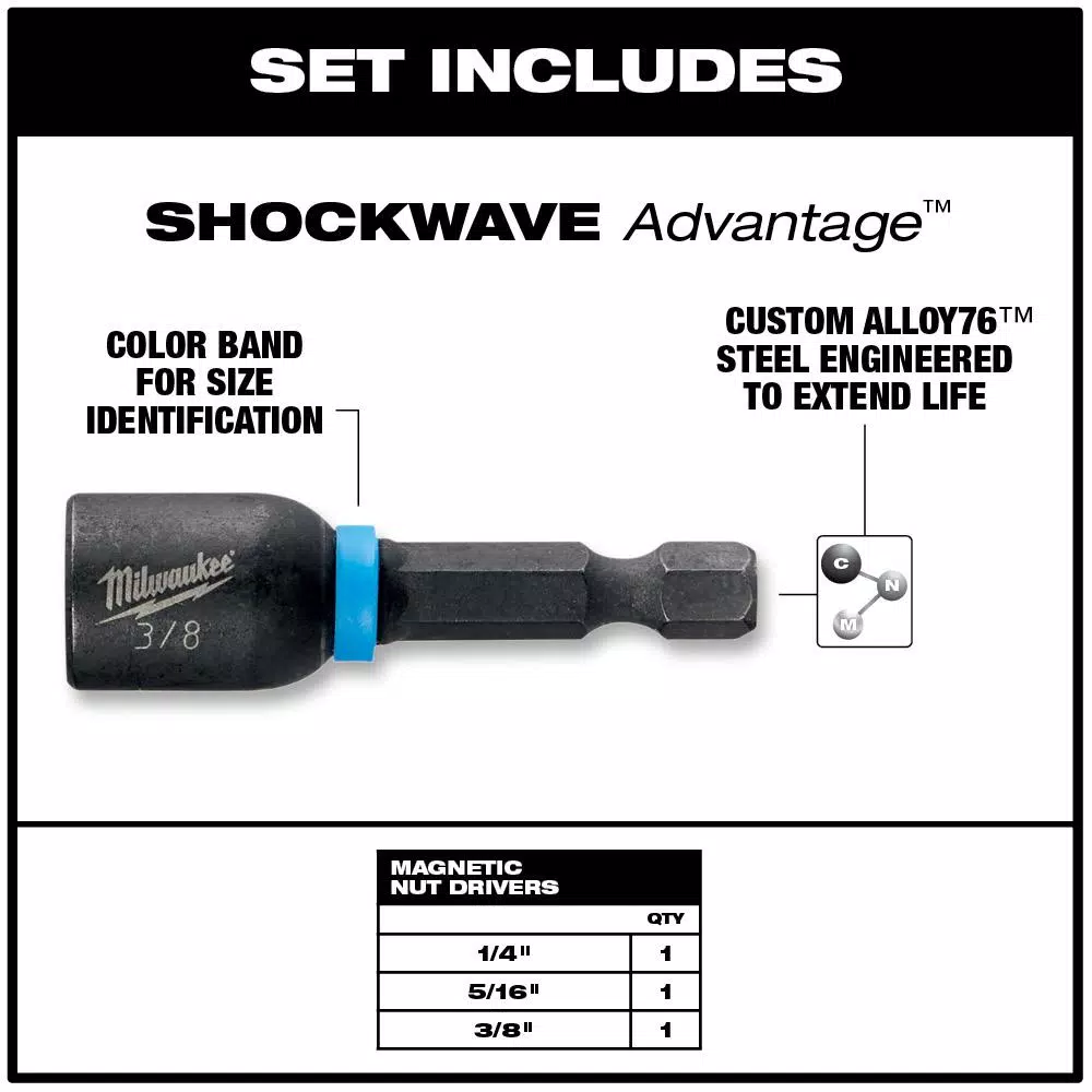 Milwaukee SHOCKWAVE Impact Duty Magnetic Nut Driver Set, 3-Piece, 1-7/8 in.