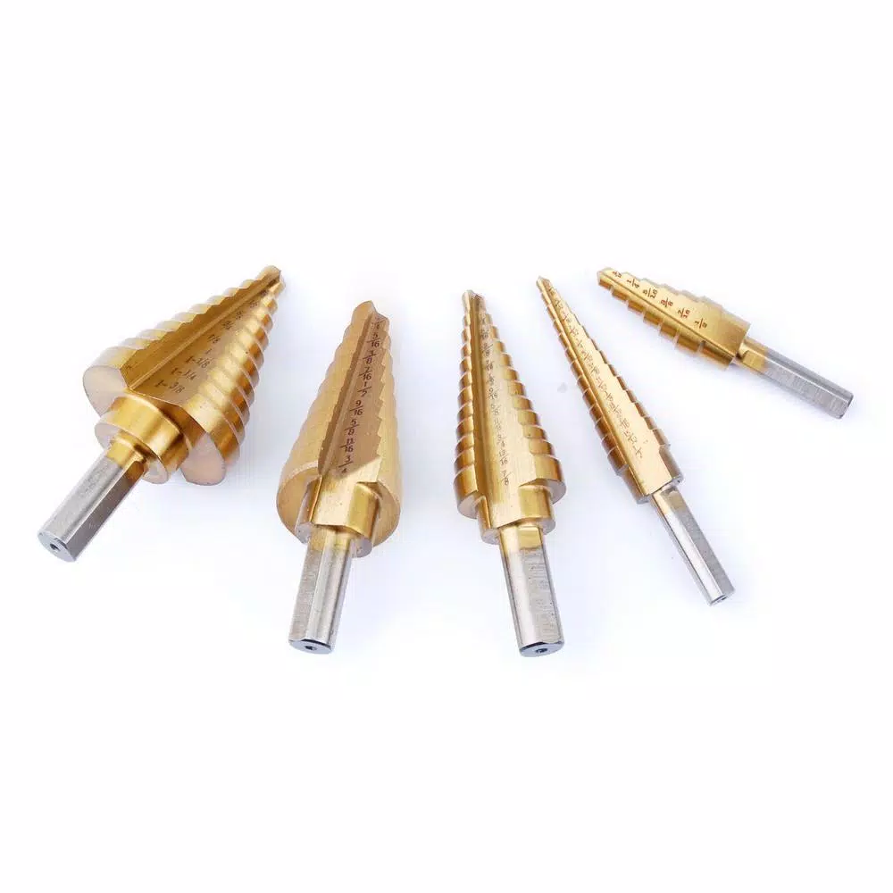 Steel Core Titanium Coated Steel Core Step Drill Bit Set (5-Piece) with 3-Flat Shank and Storage Case