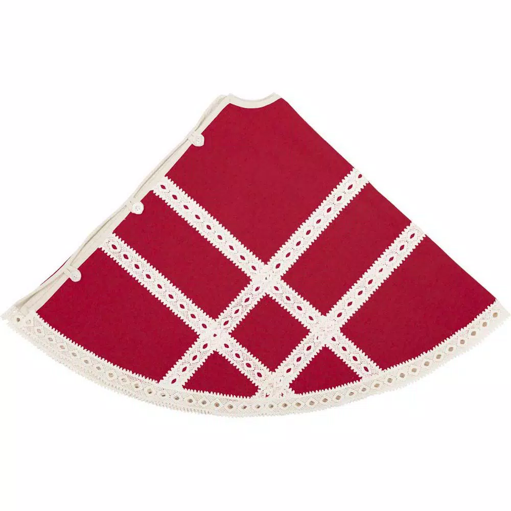 VHC Brands 48 in. Red Margot Farmhouse Christmas Tree Skirt with Diamond Cut Lace