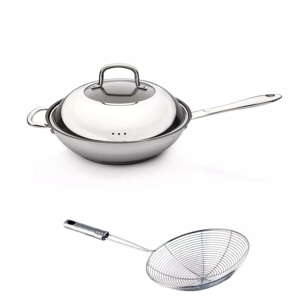BergHOFF CollectNCook 11 in. Stainless Steel Wok Set with Fernogreen Non-Stick Coating and Wire Skimmer