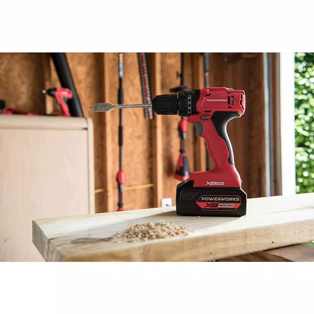 Powerworks 20V Cordless Brushless 3/8 in. Drill/Driver Kit with Two 1.5 Ah Batteries, Charger, and Bag