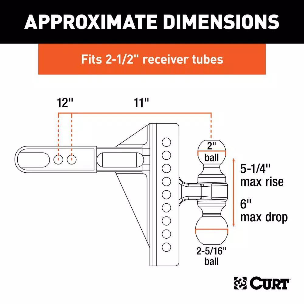 CURT Adjustable Channel Ball Mount, 2-1/2 in. Receiver, 6 in. Drop, Dual Ball 2 in. & 2-5/16 in.