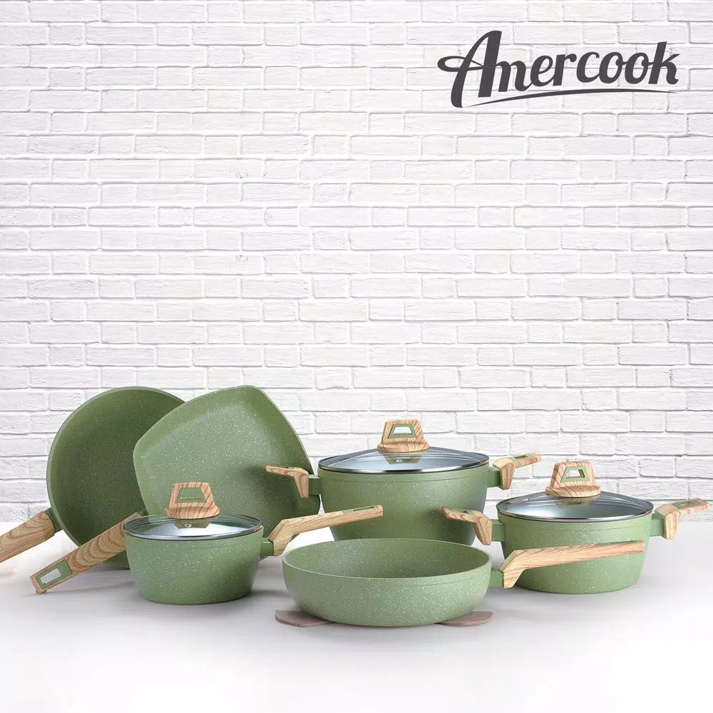 AMERCOOK Olive Stone 5 qt. Round Casserole Dish with Glass Lid, Avocado Green