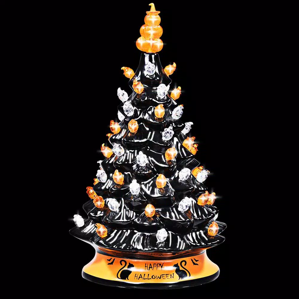 Costway 15 in. Black Ceramic Hand-Painted Halloween Tree with LED Lights and Pumpkin Top