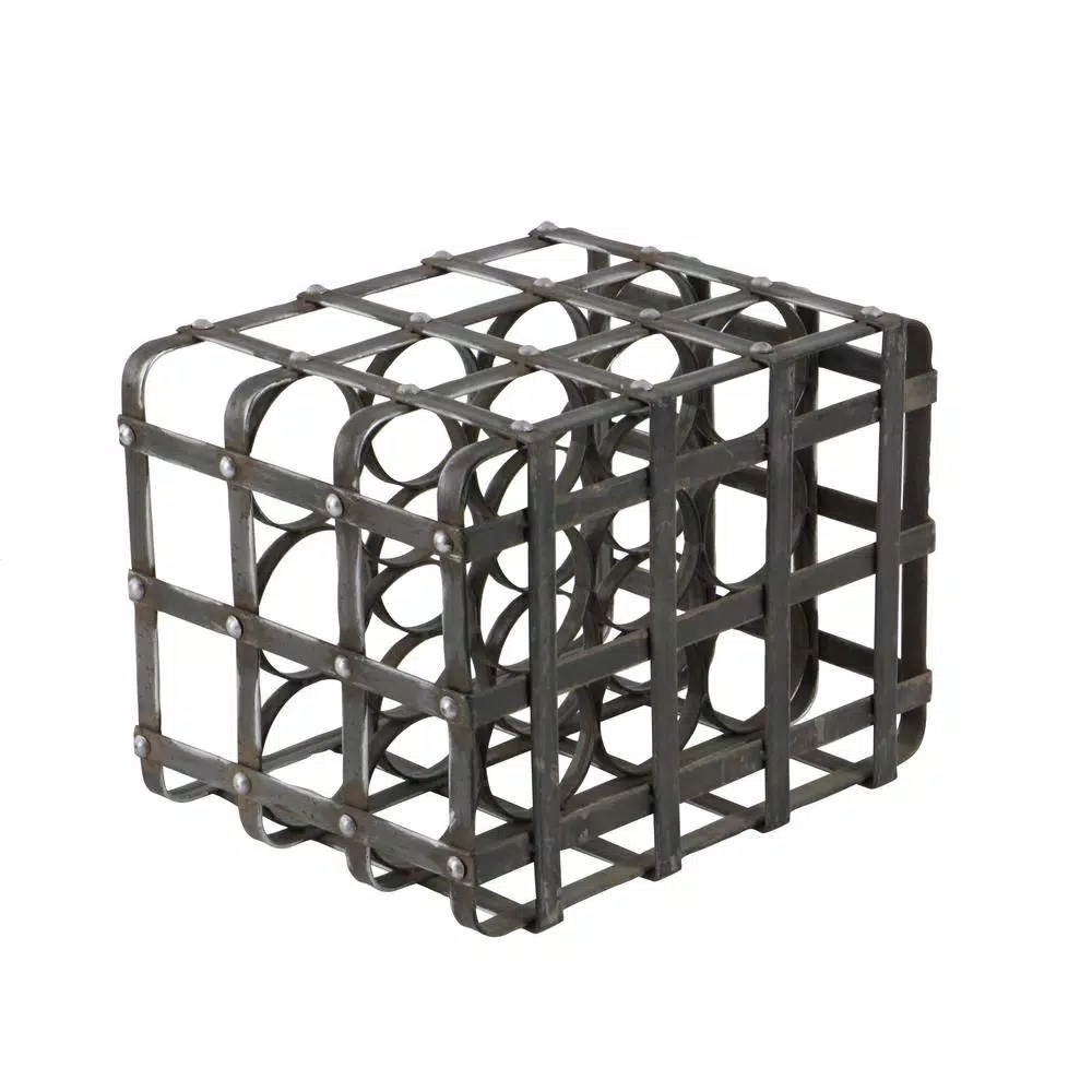 LITTON LANE 12-Bottle Black Iron Cage Wine Rack - Industrial & Rustic Tabletop Storage