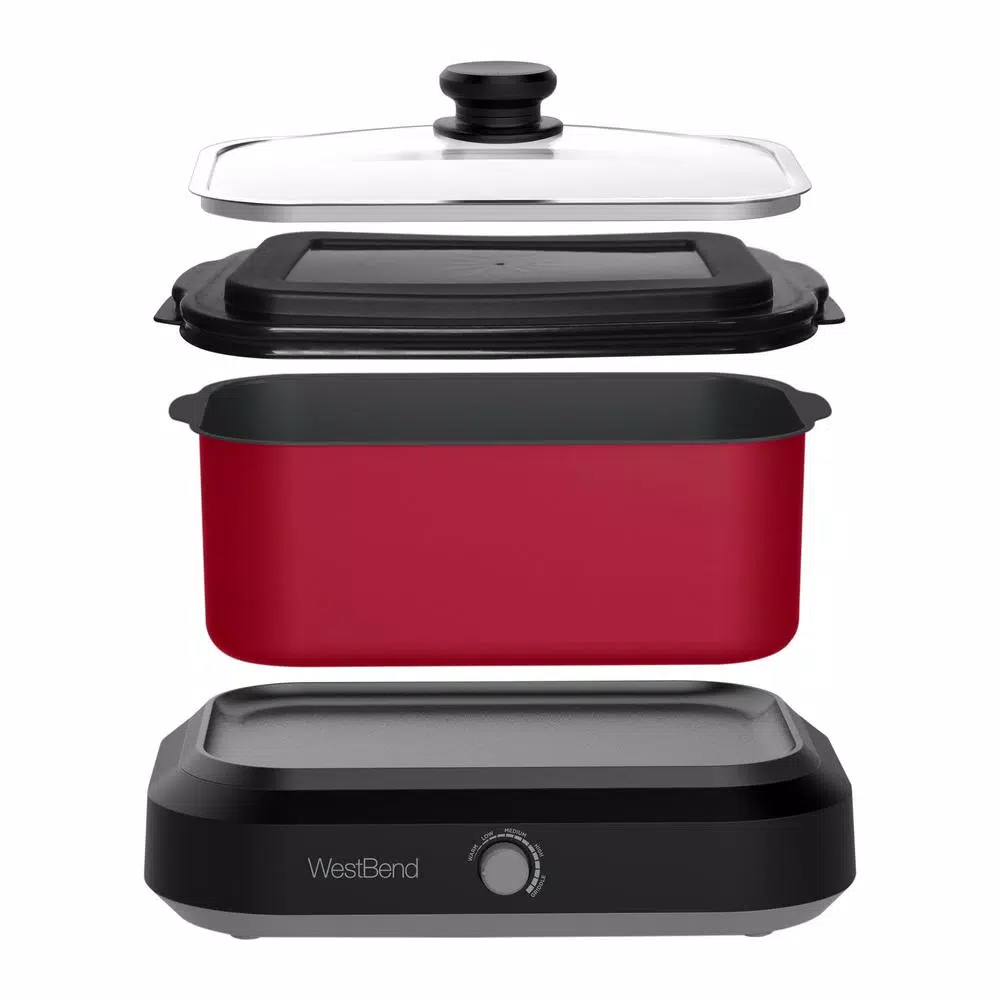 West Bend 5 Qt. Red Non-Stick Versatility Slow Cooker with Griddle Base, Travel Lid, and Thermal Tote