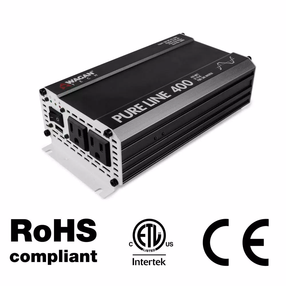 Wagan Tech PureLine 400-Watt Pure Sine Wave Power Inverter, 110V-120V AC Output, ETL Certified
