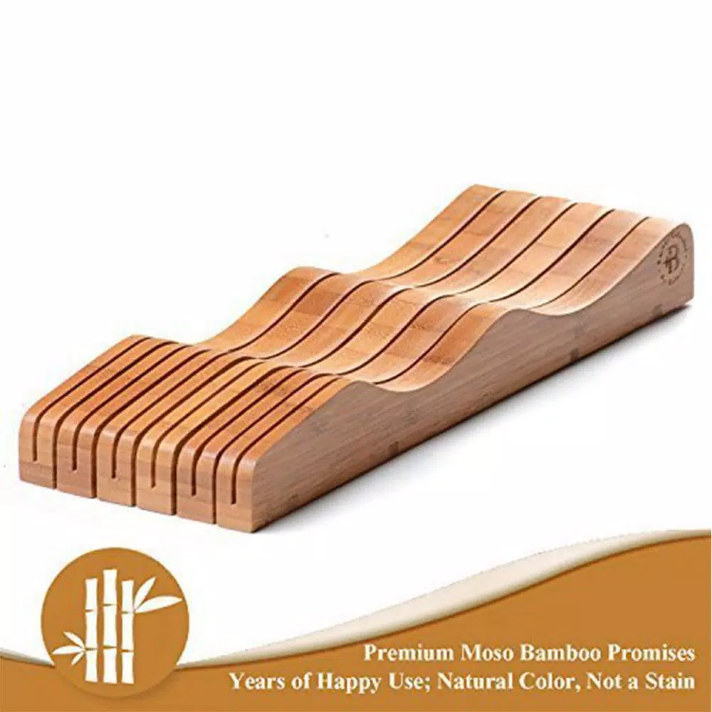 Bambusi Bambsi Bamboo In-Drawer Knife Block Organizer, 15 Slot Wood Knife Storage for Kitchen Drawers