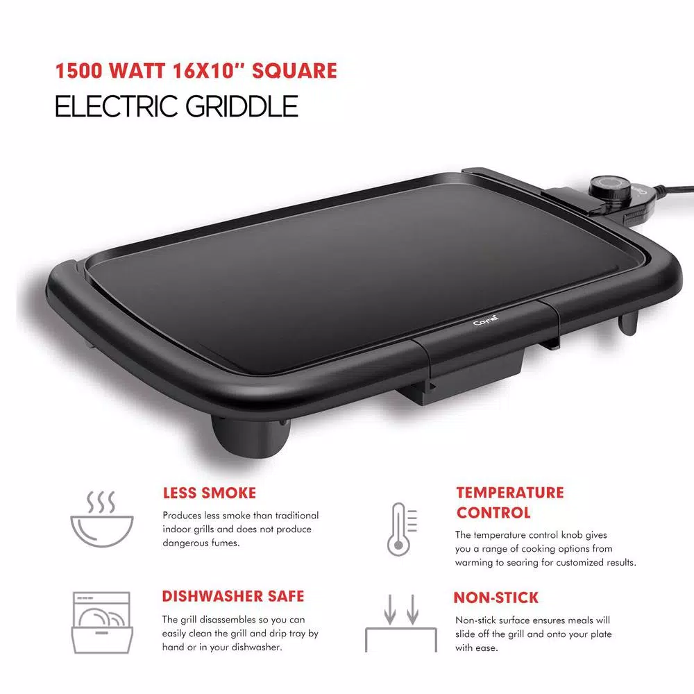 Boyel Living 1200W Electric Nonstick Griddle, Large 16x10 Inch Square Countertop Grill with Warming Function, Black