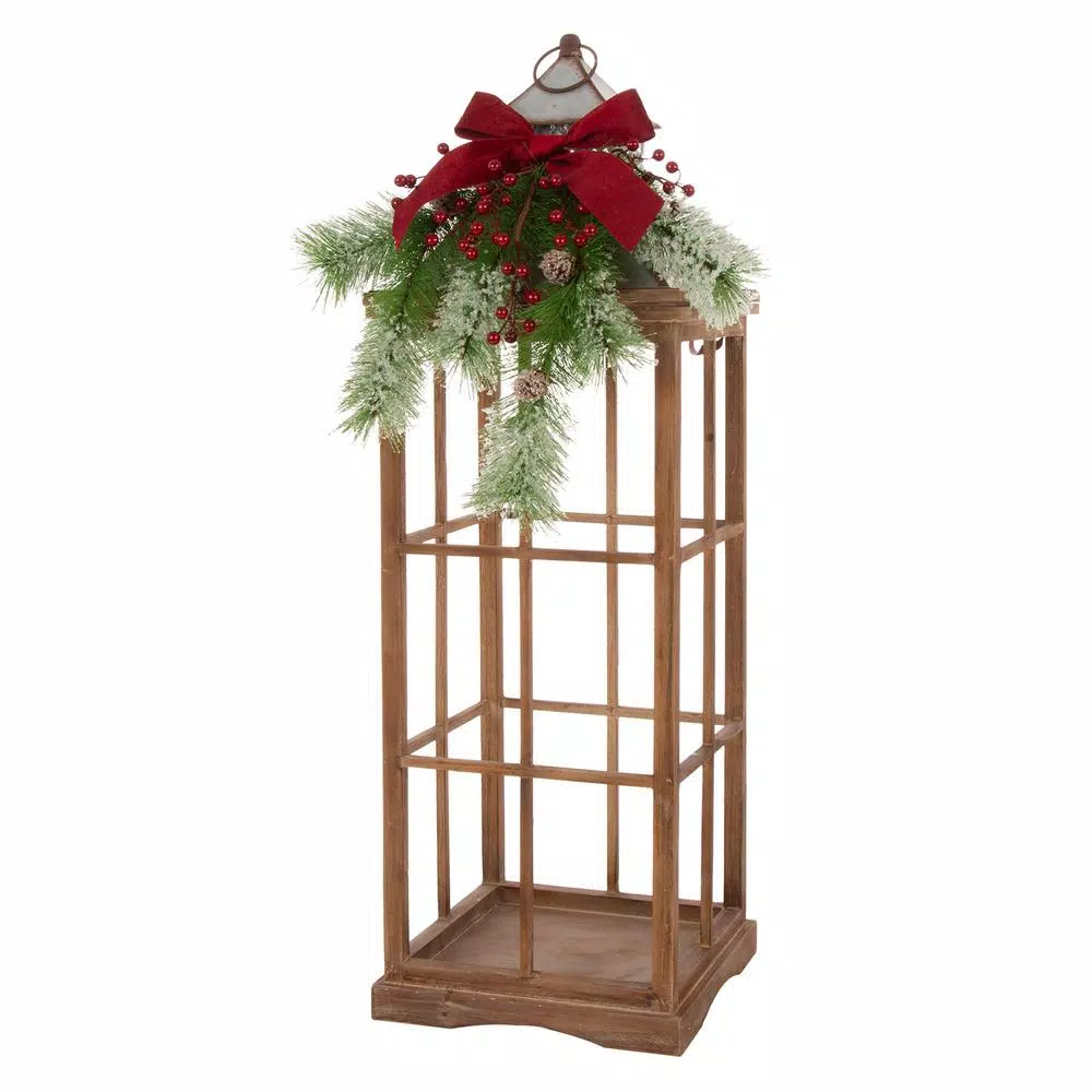 Glitzhome Brown Christmas Farmhouse Wood and Metal Lantern Set of 2