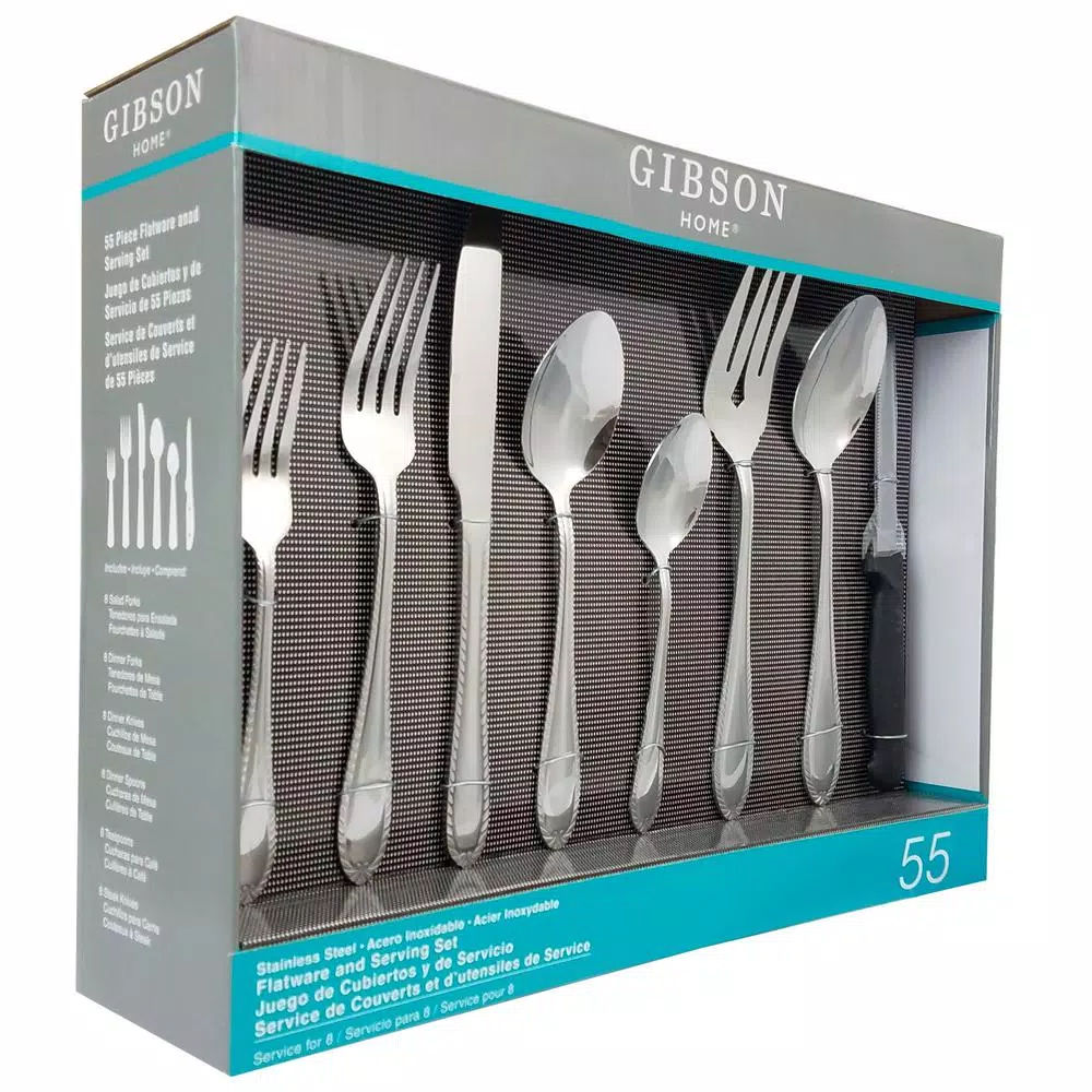Gibson Home Wilmington Plus 55-Piece Stainless Steel Flatware Set, Service for 8
