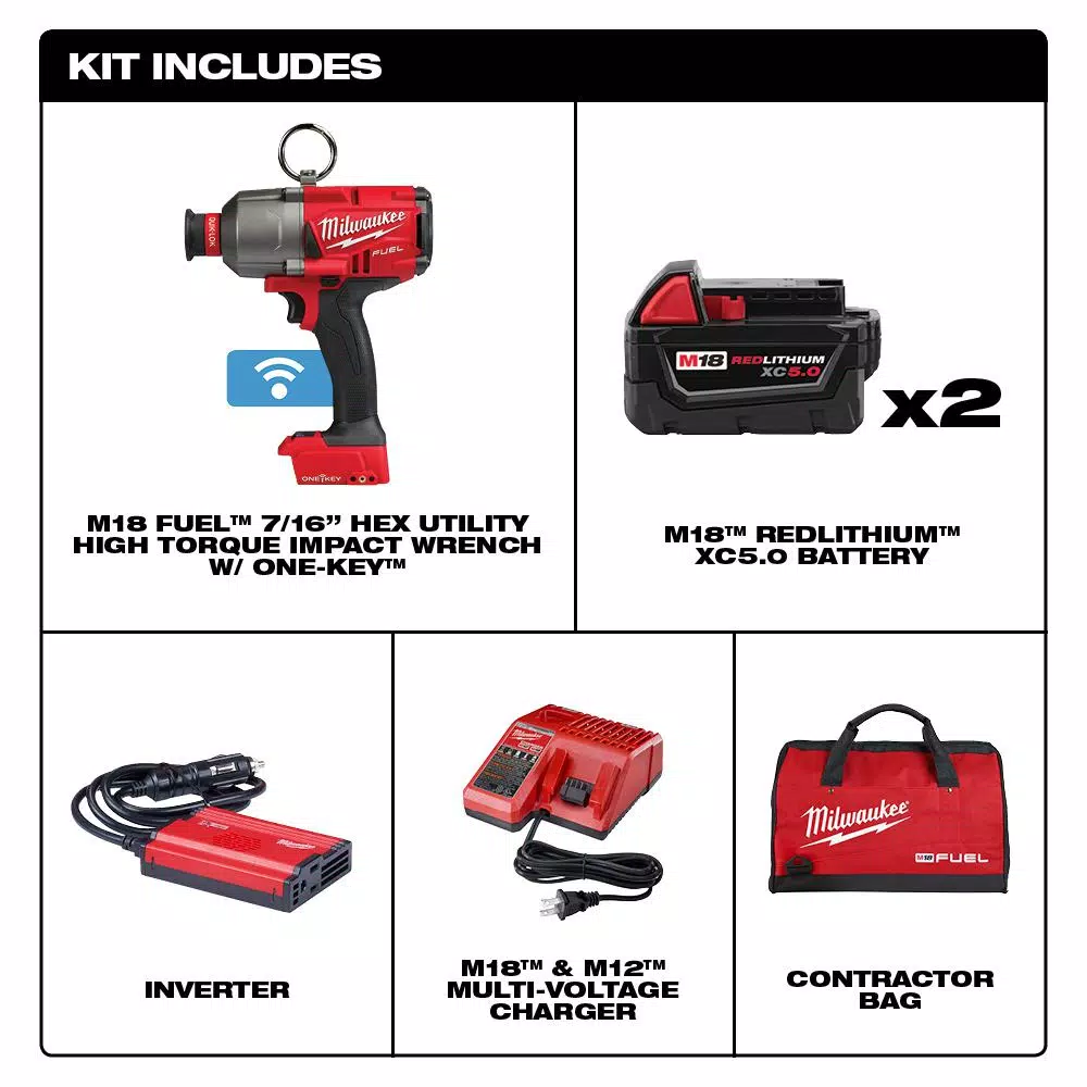 Milwaukee M18 FUEL ONE-KEY 7/16 in. Hex Impact Wrench Kit with 2 5.0 Ah Batteries and Tool Bag