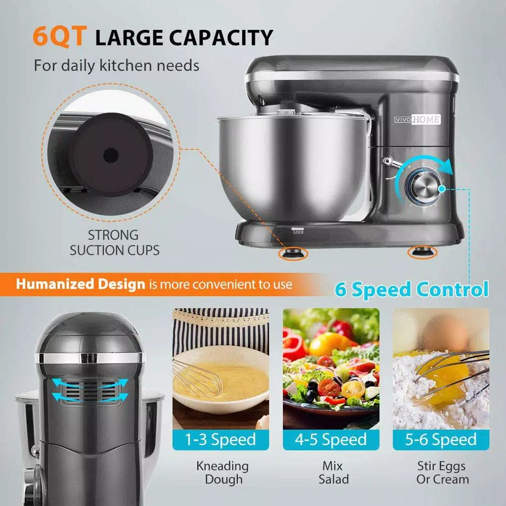 VIVOHOME 650W 6-Qt. Tilt-Head Kitchen Stand Mixer with Stainless Steel Bowl and 6 Speeds, Gray