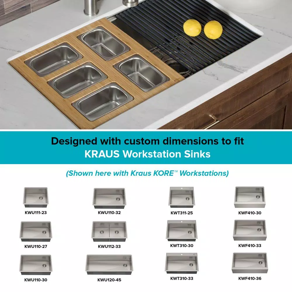 KRAUS Workstation Kitchen Sink Accessory Set with Bamboo Serving Board and 5 Stainless Steel Prep Bowls