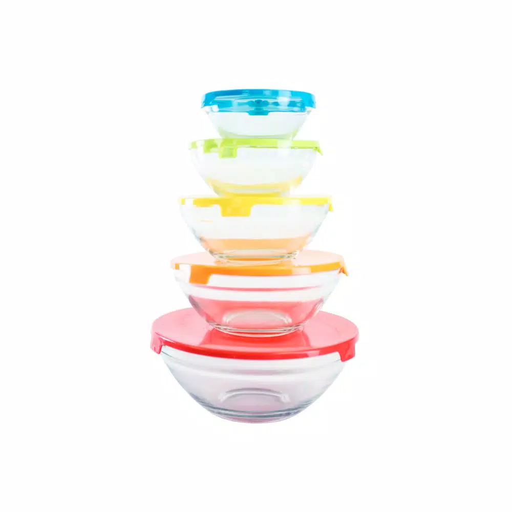 Home Basics 5-Piece Glass Bowl Set with Colorful Plastic Lids
