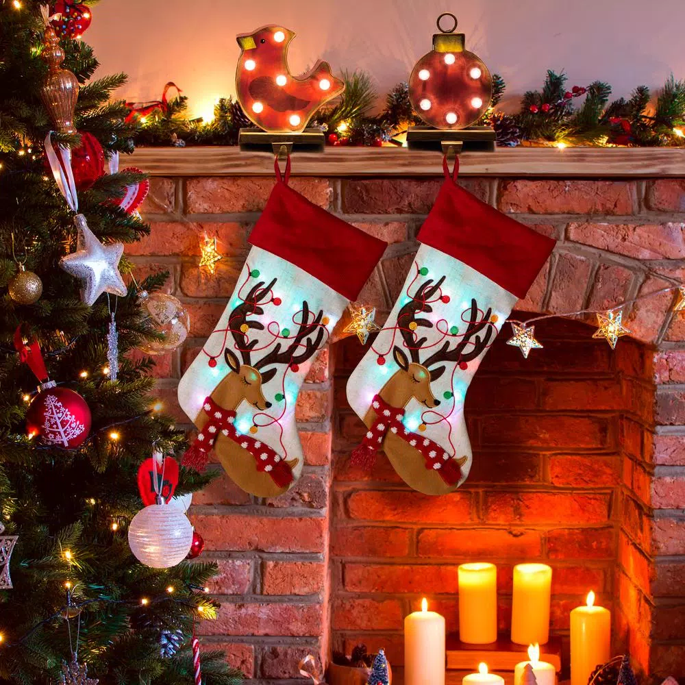 Glitzhome 21 in. LED Embroidered Polyester Linen Christmas Stockings, 2-Pack