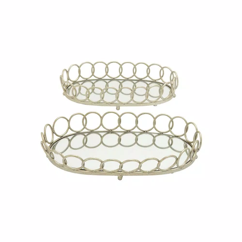 LITTON LANE Modern Reflections Silver Oval Mirror Ring Trays, Set of 2