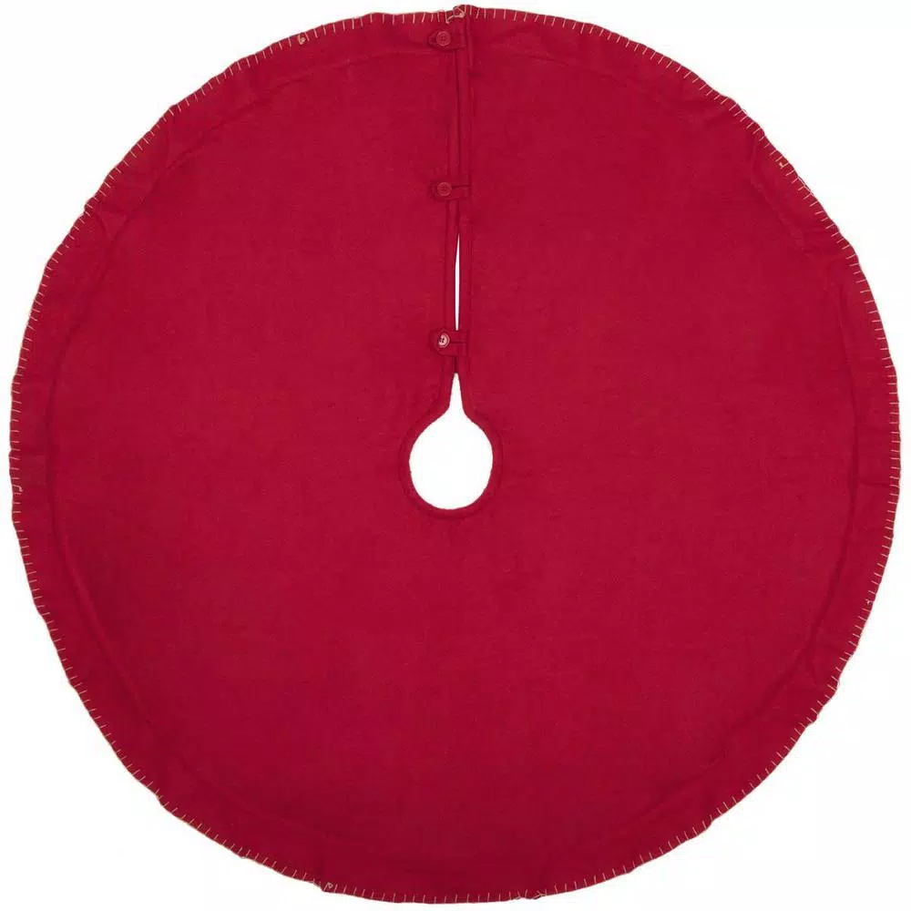VHC Brands Claren 48 in. Cherry Red Rustic Plaid Christmas Tree Skirt with Gold Metallic Thread