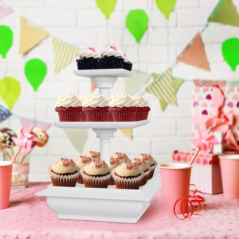 Chef Buddy 3-Tier Collapsible Dessert Stand, Square White Serving Tray Set with Self-Storing Base