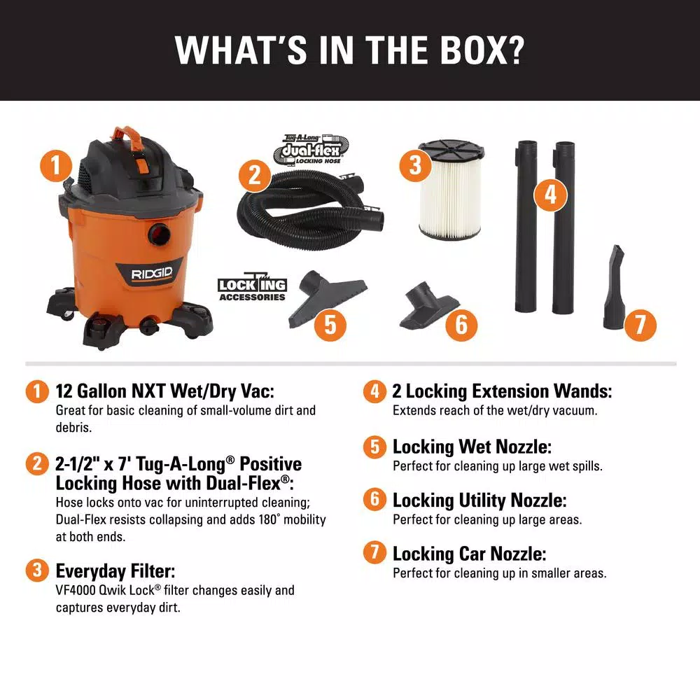 RIDGID 12 Gal. NXT 5.0 Peak HP Wet/Dry Shop Vacuum with 2.5 in. Locking Accessories