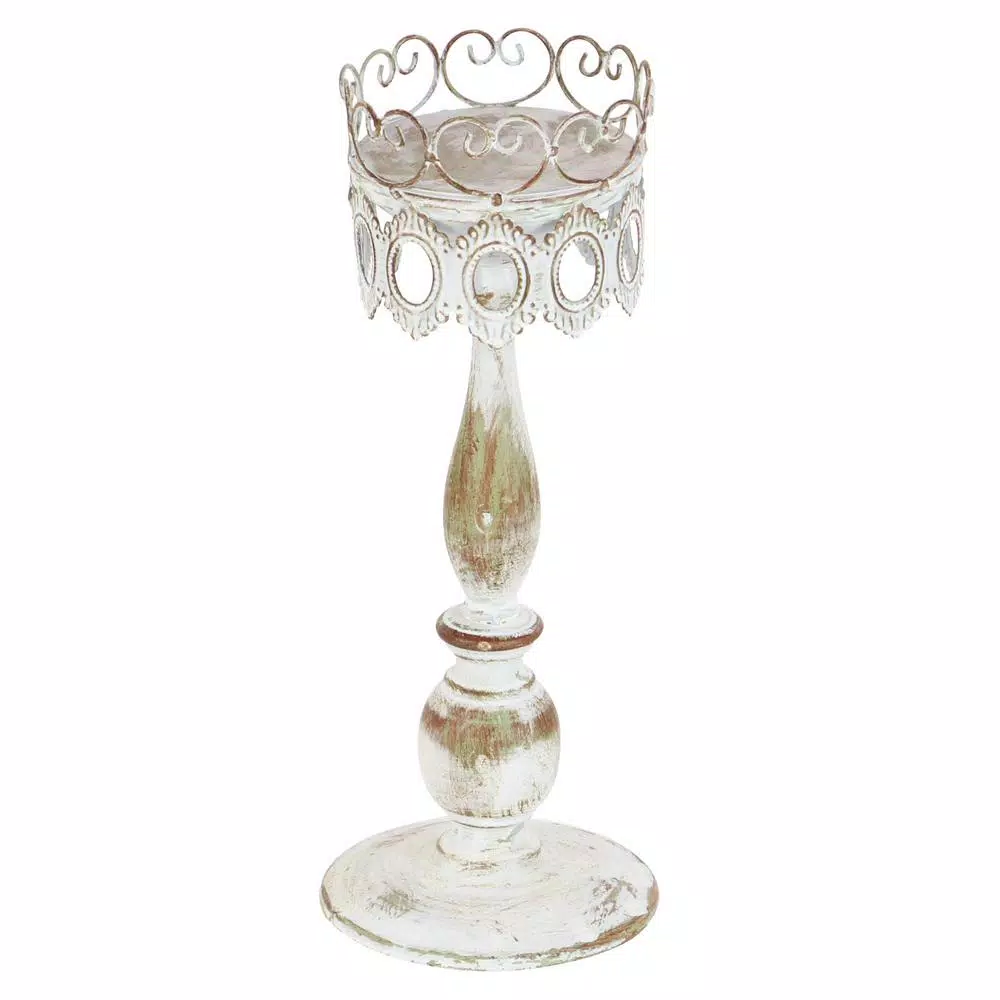 LITTON LANE 14 in. Distressed Ivory Iron Pillar Candle Holders with Filigree Design (Set of 2)