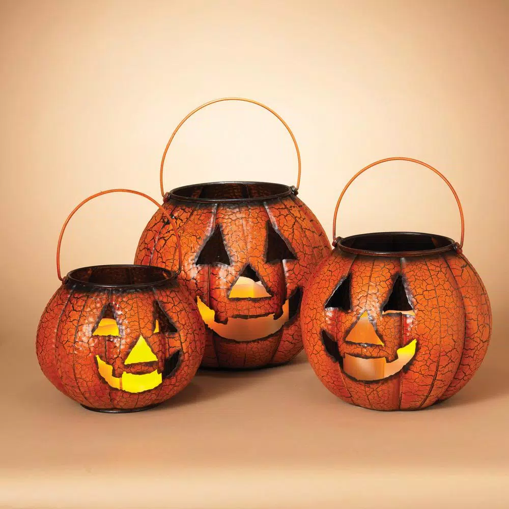 Gerson Assorted Metal Nested Jack-O-Lantern Luminaries, Set of 3, Orange