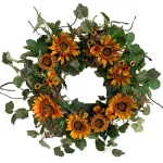 Glitzhome 24 in. Artificial Sunflower Wreath with Golden Orange Sunflowers and Green Silk Leaves thumbnail 1