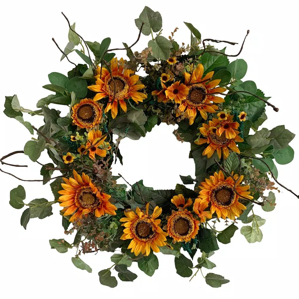 Glitzhome 24 in. Artificial Sunflower Wreath with Golden Orange Sunflowers and Green Silk Leaves