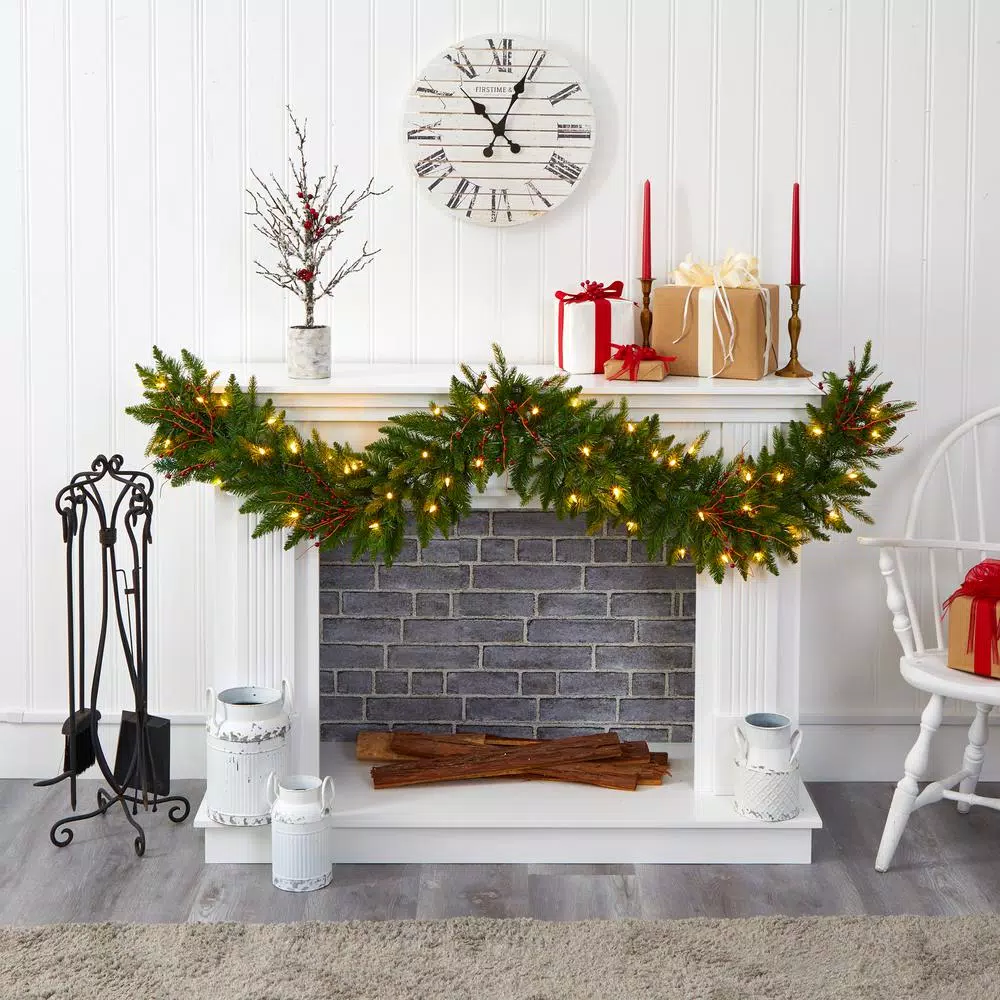 Nearly Natural 6 ft. Pre-Lit Artificial Pine Christmas Garland with 50 Warm White LED Lights and Berries