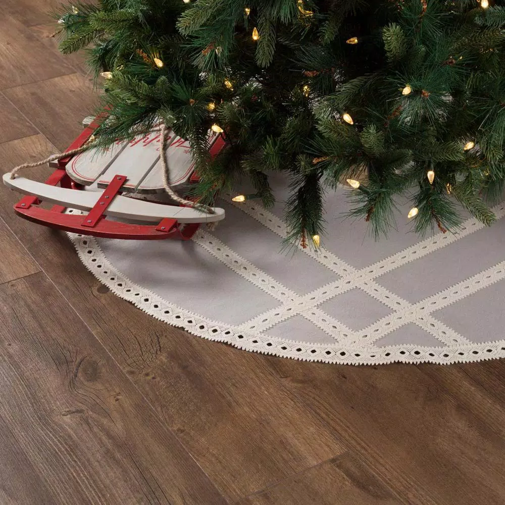 VHC Brands 48 in. Grey Margot Farmhouse Christmas Tree Skirt with Diamond Lace and Chambray