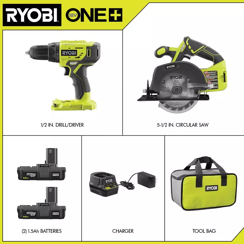 RYOBI 18V ONE+ Cordless 2-Tool Combo Kit with Drill/Driver and Circular Saw, 2 Batteries, Charger, and Bag