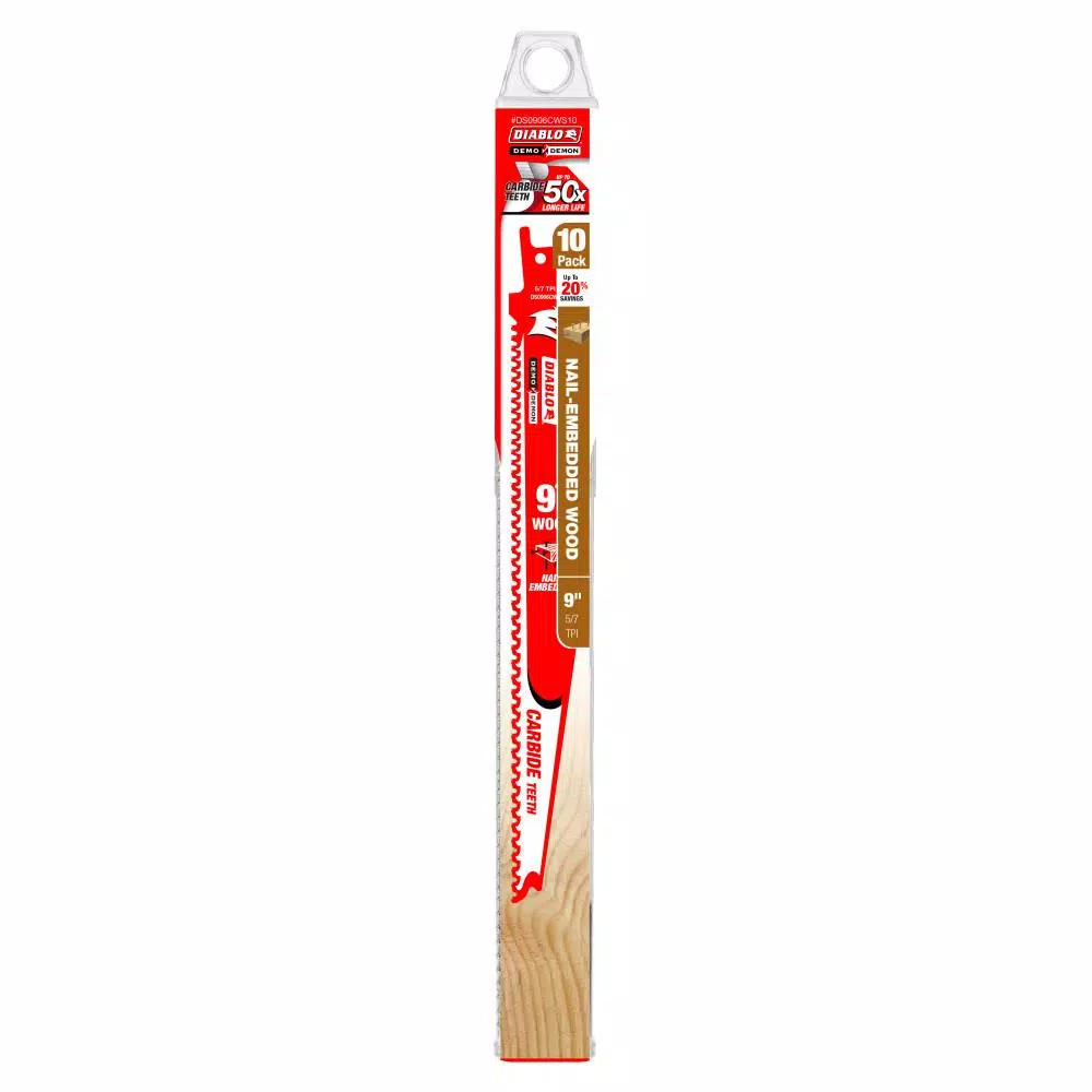 Diablo Demo Demon 9 in. Carbide Reciprocating Saw Blades for Nail-Embedded Wood, 5/7 TPI, 10-Pack